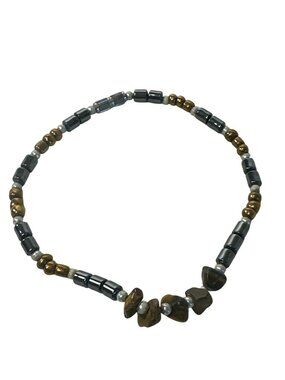 Tigers Eye & Hematite Bracelet Beaded Stretch 7" Natural Stone Jewelry Unisex